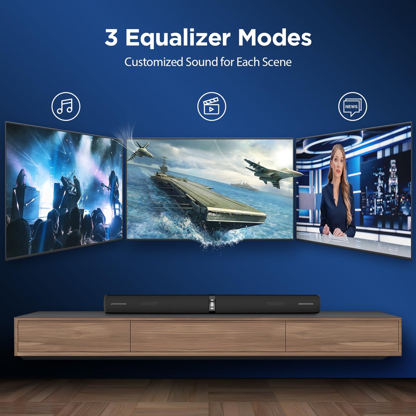 Assistrust Sound Bar for Smart TV,90W Soundbar with Bluetooth/ARC/Optical/AUX Connect, Auto Volume Boost, 3 Customizable Equalizer Modes, 2 in 1 Detachable Soundbar for TV/PC/Gaming/Projectors