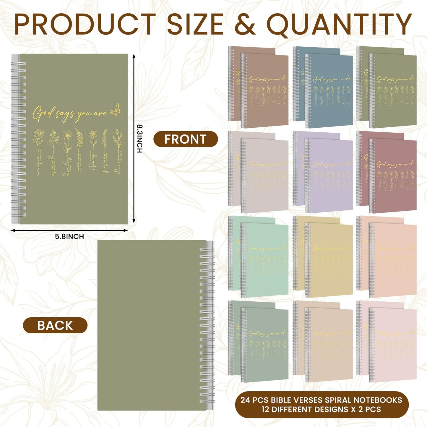 MotiMind 24 Pcs Floral Christian Spiral Notebook Set A5 Christian Gifts for Women God Says You Are Bible Verse Inspirational Prayer Journal with Gold Foil Cover for Church 5.8" x 8.3" (Morandi)