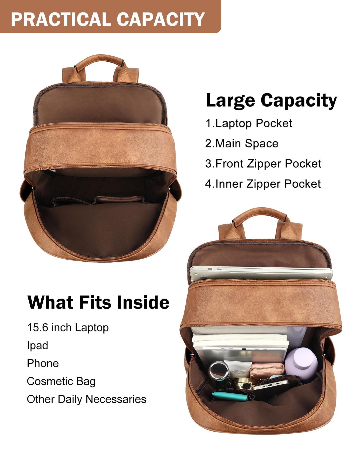 MASINTOR 15.6 inch Leather Laptop Backpack Purse for Women, Designer Travel and Work Bag with Laptop Compartment Mocha Brown