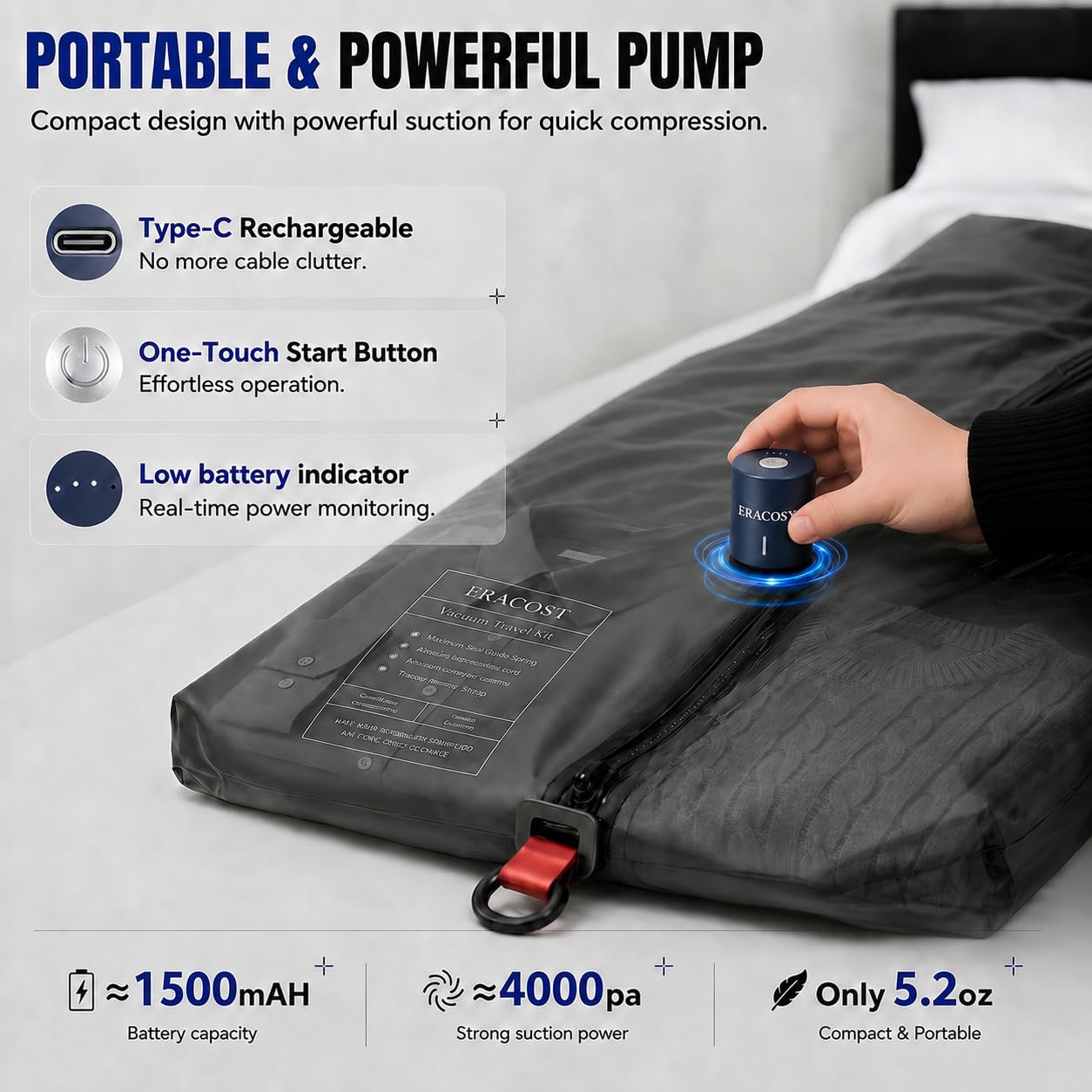 Travel Vacuum Bags with Pump, Compression Bags, Waterproof & Reusable Nylon Vacuum Travel Kit, Portable Space Saver Storage Bags with Wireless Vacuum Pump for Carry-On Backpack & Suitcase, 2-Pack