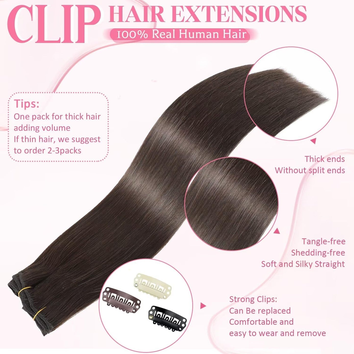 Tebelove Clip in Hair Extensions Real Human Hair 3.6oz/100g Clip ins 100% Brazilian Remy Human Hair Extension for Women 8pcs Per Set with 18 Clips Double Weft (16 Inch #2 Dark Brown)