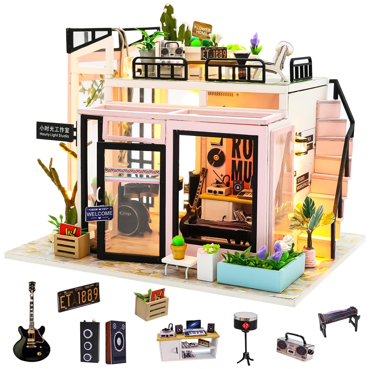 Spilay DIY Miniature Dollhouse Wooden Furniture Kit,Handmade Mini Modern Model Plus with Dust Cover & Music Box,1:24 Scale Creative Doll House Toys for Adult Friend Lover Gift(Time Studio)