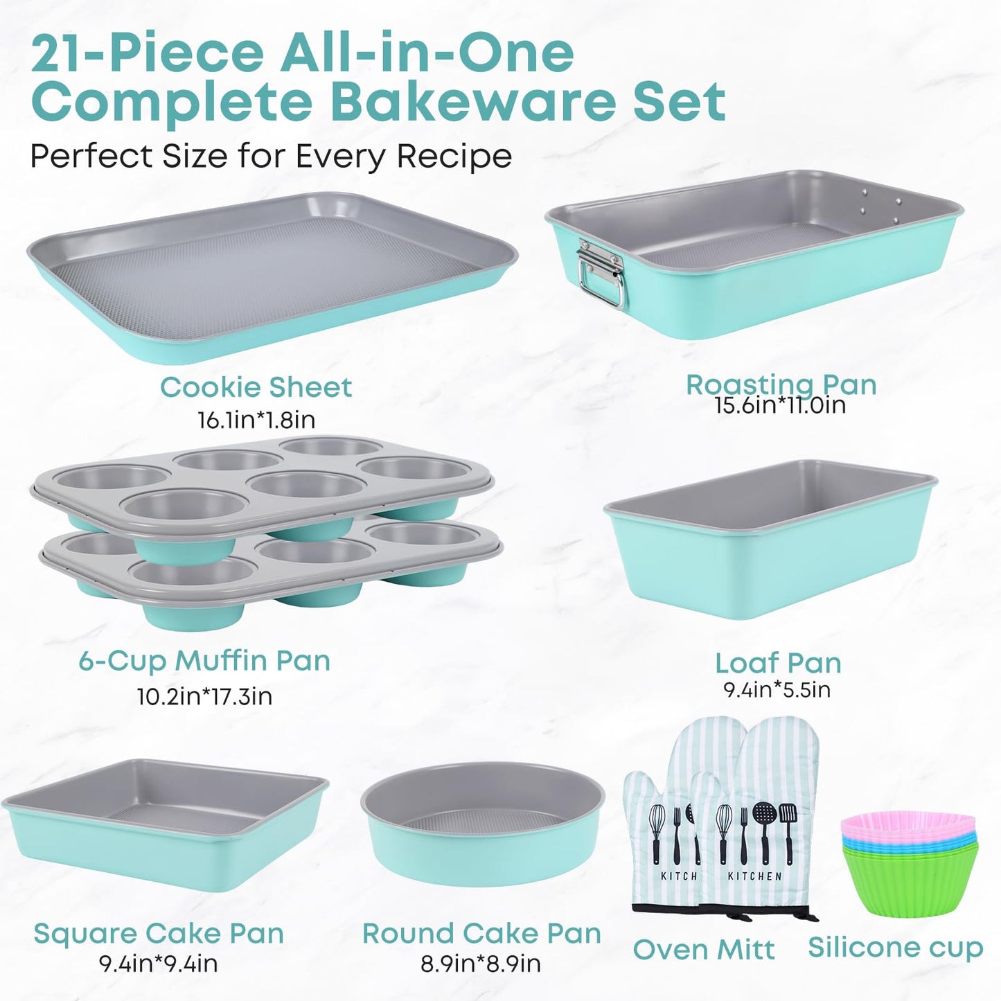 Spmarkt 21-pieces Stackable Nonstick Bakeware Set, PTFE/PFOA/PFOS Free Baking Pans Set with Silicone Cup, Oven Mitt, Complete Kitchen Baking Kit for Cake & Loaf, Cookies, Cupcakes