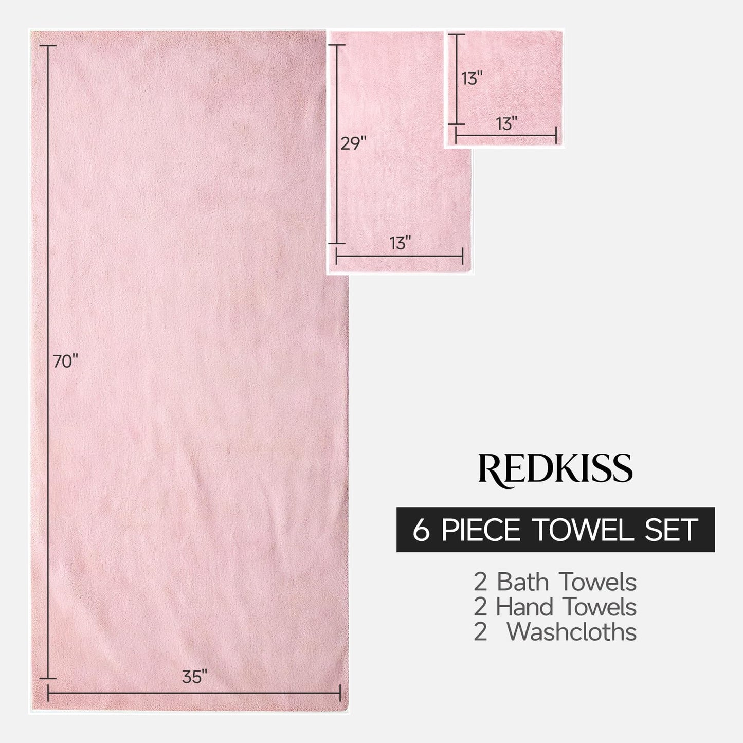REDKISS Pack of 6 Towel Set - 2 Extra Large Bath, 2 Hand, 2 Washcloths, Ultra Soft & Highly Absorbent, Quicker to Dry, Pink Towels for Bathroom, Spa, Hotel, Gym