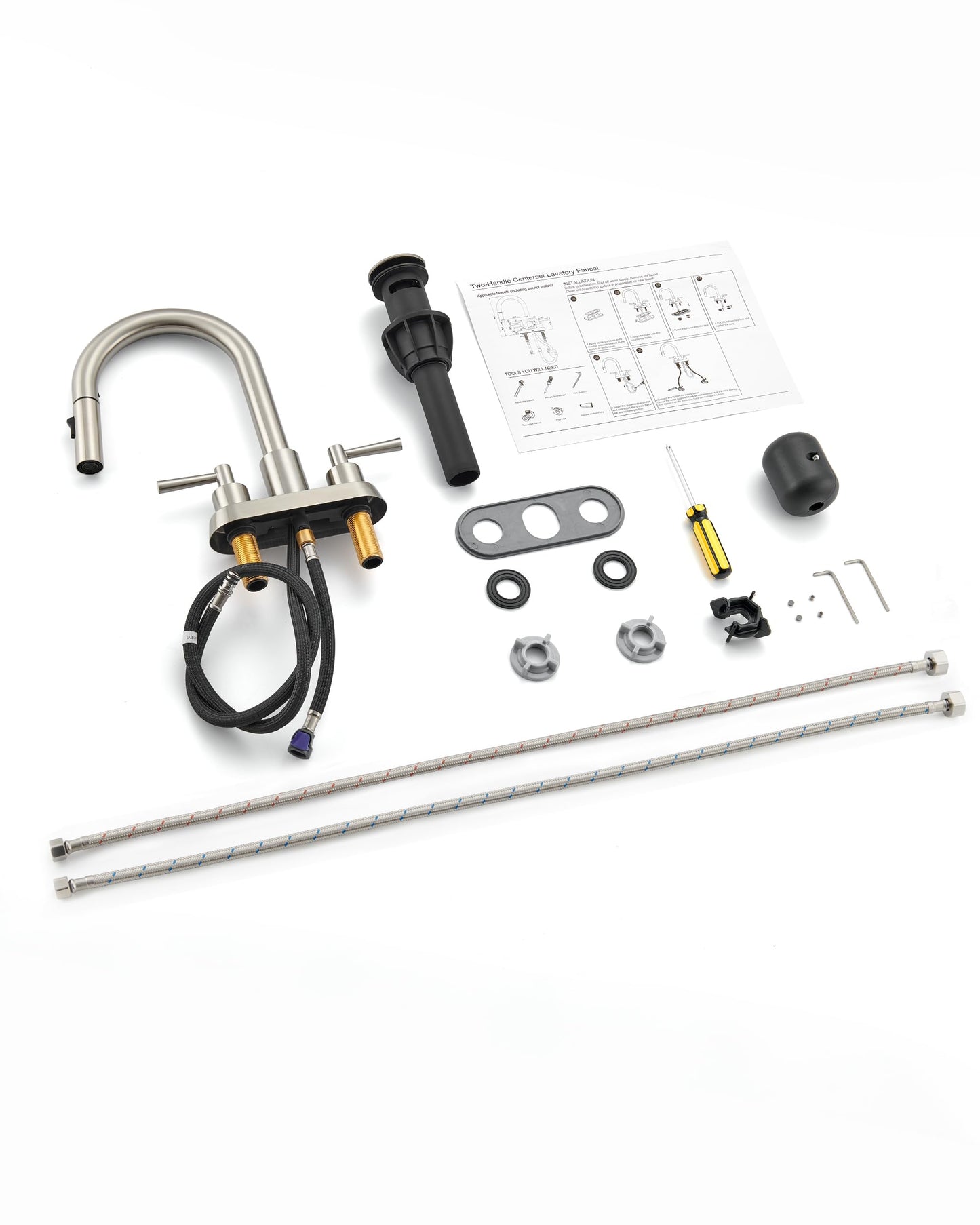 FELIXBATH Bathroom Sink Faucet with Pull Out Sprayer 2 Handles, Brushed Nickel Pull Down Bathroom Faucet 3 Holes, 4 Inch Sink Faucet Bathroom, 360 Degree Swivel Spout, Pop Up Drain Assembly Included