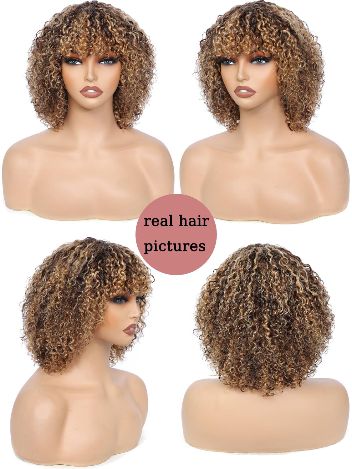 LYOLKSER 200 density short curly human hair wig with bangs 100 percent human hair no lace wig for black women highlight P4/27 brown and blonde 12 inch