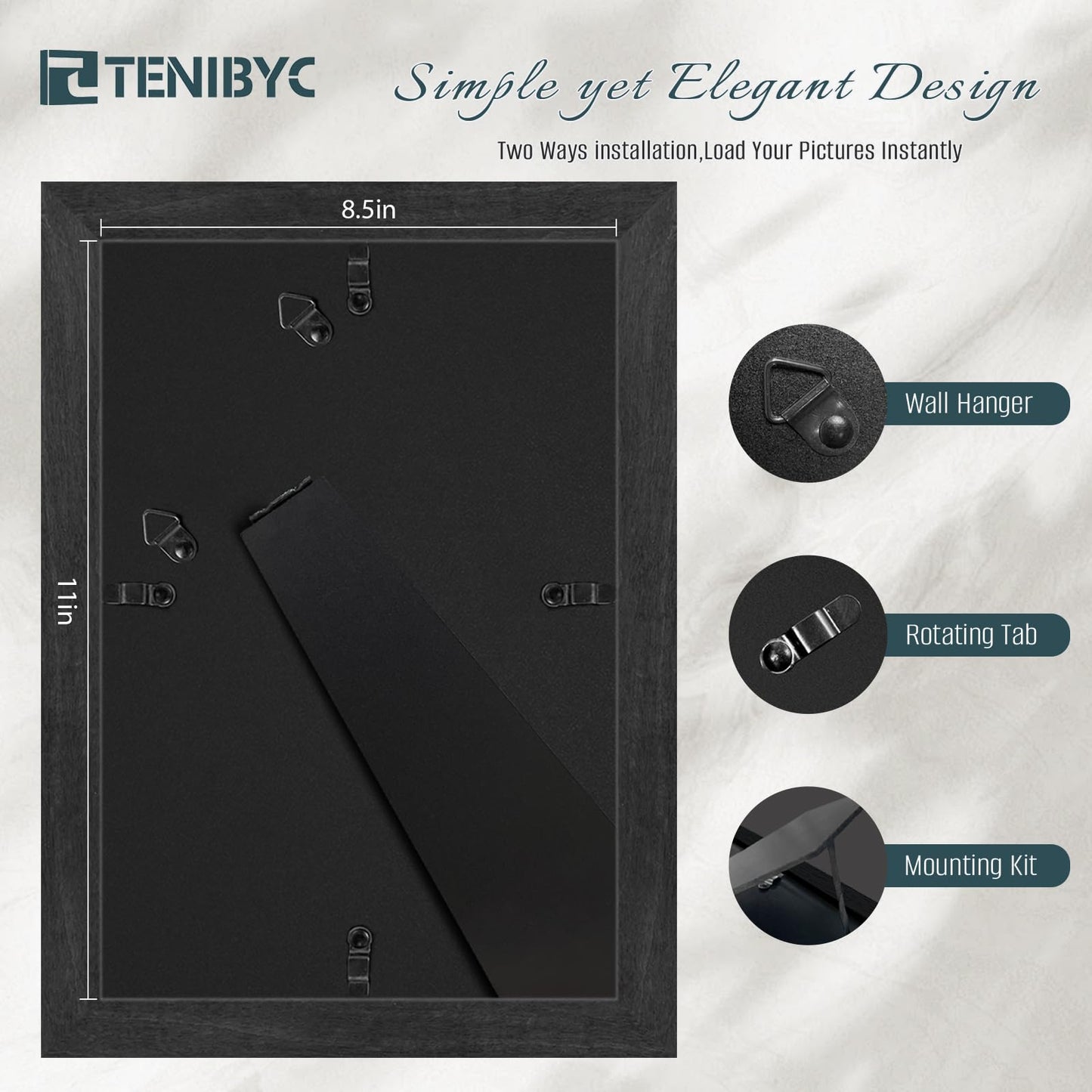 TENIBYC 8.5x11 Picture Frame Black - 4 Pack, HD Tempered Glass, Elegant Wood Grain Photo Frame, Suitable for Certificate Document, Table or Wall Display