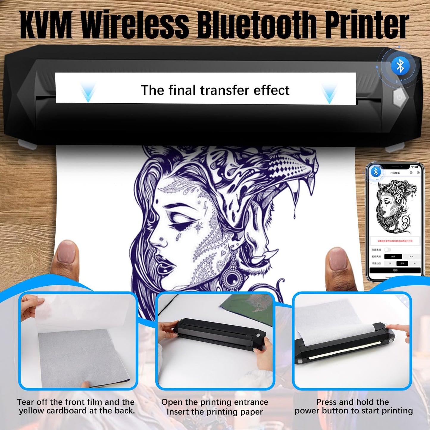 KVM Wireless Tattoo Thermal Stencil Printer Bluetooth or USB Interface Thermal Paper or Transfer Paper Printing Quick Stencil Printer for Tattoo Artists and Beginners with Smartphone & Laptop