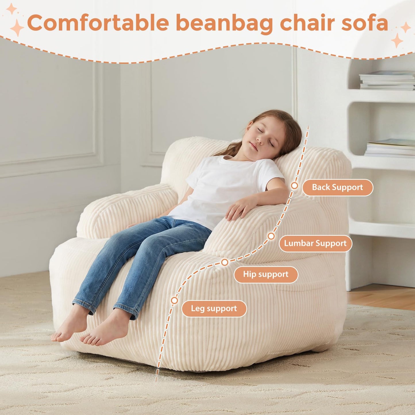 Bean Bag Chairs for Kids with Armrests, Comfy Kids Bean Bag Chair, Stuffed Toddler Bean Bag Sofa for Boys and Girls, Small Bean Bags for with Pocket, Floor Chair for Gaming, Reading & Relaxing, Beige
