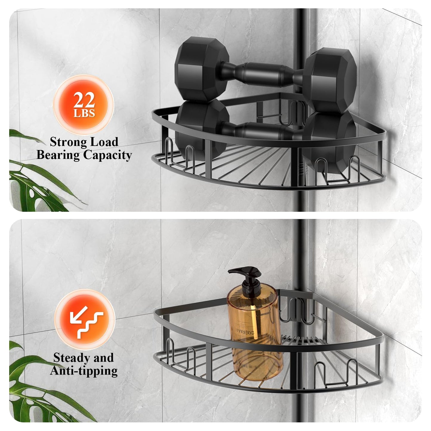 Peyulia 4-Tier Rustproof Corner Shower Caddy with Tension Pole, 42-115 Inch Adjustable Height Shower Organizer, Shower Shelves with Hooks, Freestanding Bathroom Organizer - Black