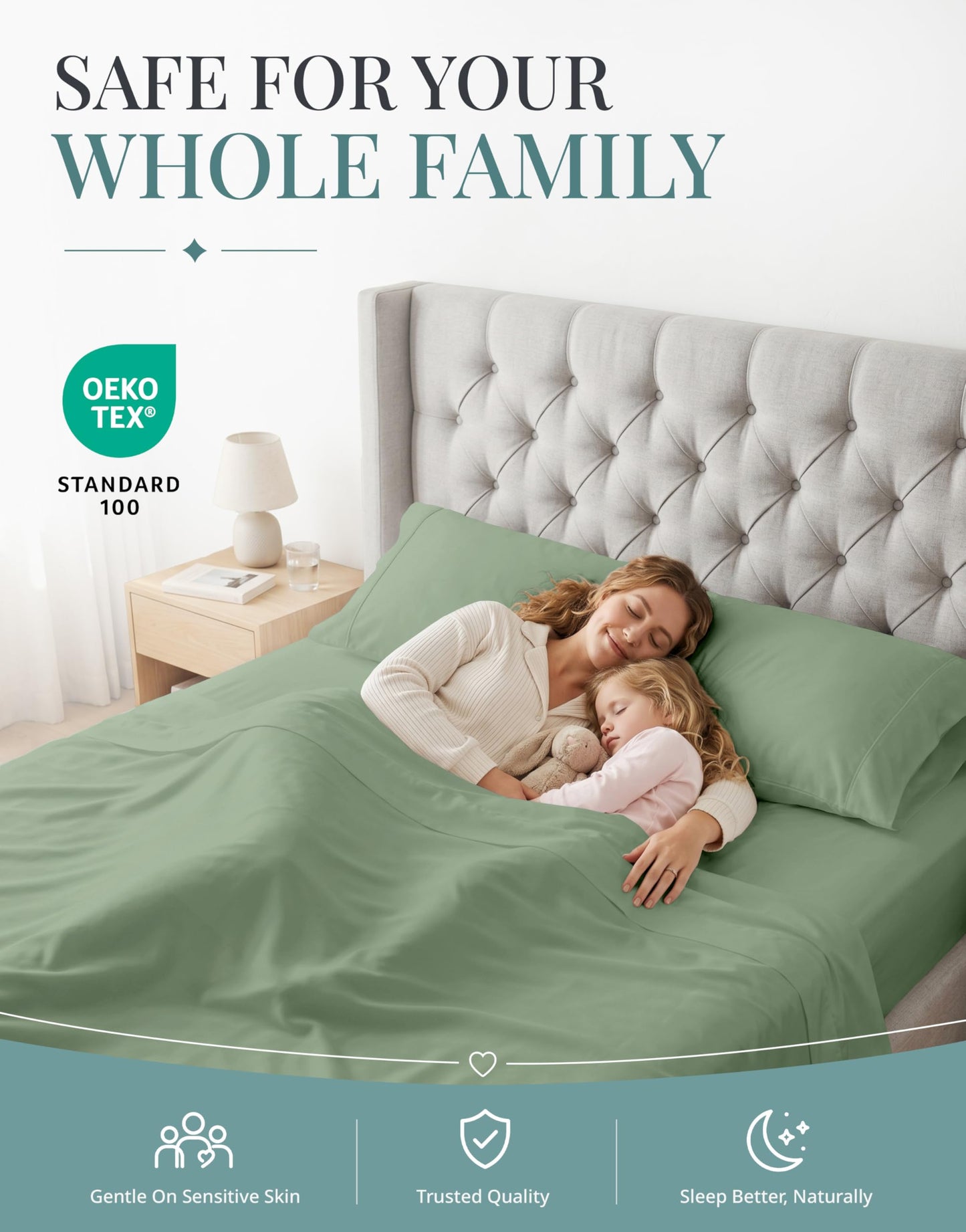 LANE LINEN Queen Sheet Sets – Natural 100% Cotton 450 Thread Count Premium Sheets, Soft Comfort for Restful Sleep, Easy Care & Machine Washable for Everyday Use, 15" Deep Pocket – Iceberg Green