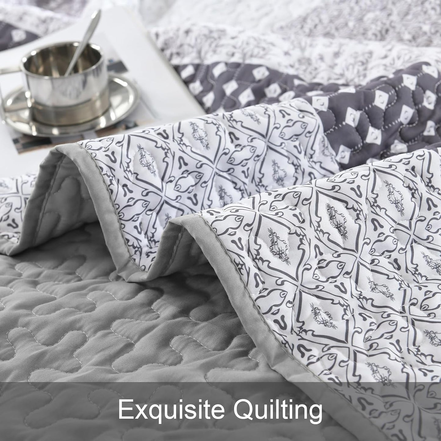 WONGS BEDDING Grey Quilt King Size, Bohemian Stripe Quilt Sets 3 Pieces Boho Quilted Bedspread Set Lightweight Microfiber Coverlet Bedding Set All Season (104"x90")