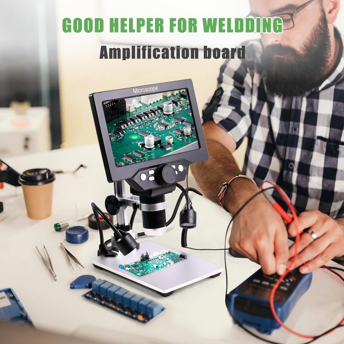 7" LCD Digital Microscope, 1200X 1080P HD Coin USB Microscope with 10 Lights, Wired Remote, PC View, 16GB TF Card, Metal Stand for Soldering PCB Circuit Board Repair