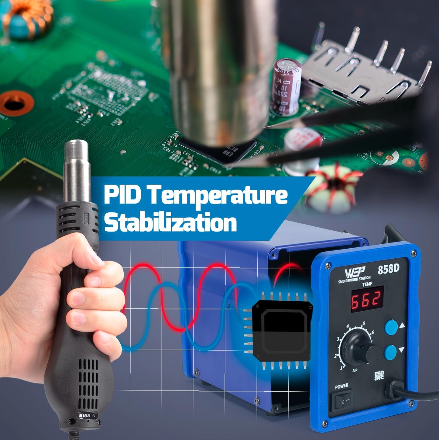 WEP 858D Hot Air Rework Soldering Station with Temperature Control, Adjustable Air Volume, Digital Display for SMD Soldering with 3 Extra Hot Air Nozzles