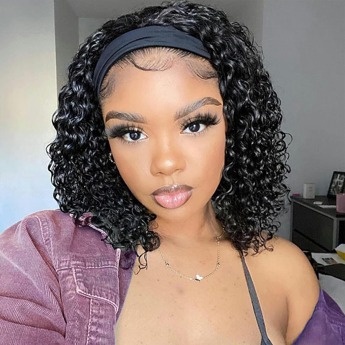 Punmasa Headband Wig Human Hair Deep Wave 12 Inches None Lace Front Wig Human Hair Machine Made Wigs 150% Density Headband Curly Human Hair Wigs for Women Natural Color Half Wigs