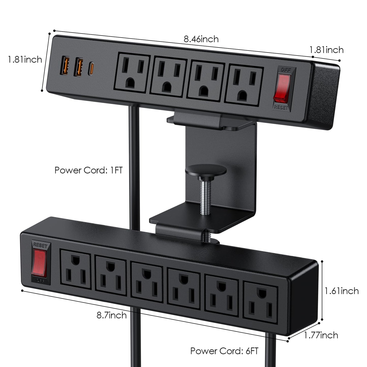 Desk Clamp Power Strip with PD20W USB-C, VILONG 2 in 1 Dual Layer Under Desk Power Strip, Removable Clamp Power Socket with 10AC Outlets & Switch, 6ft Extension Cord