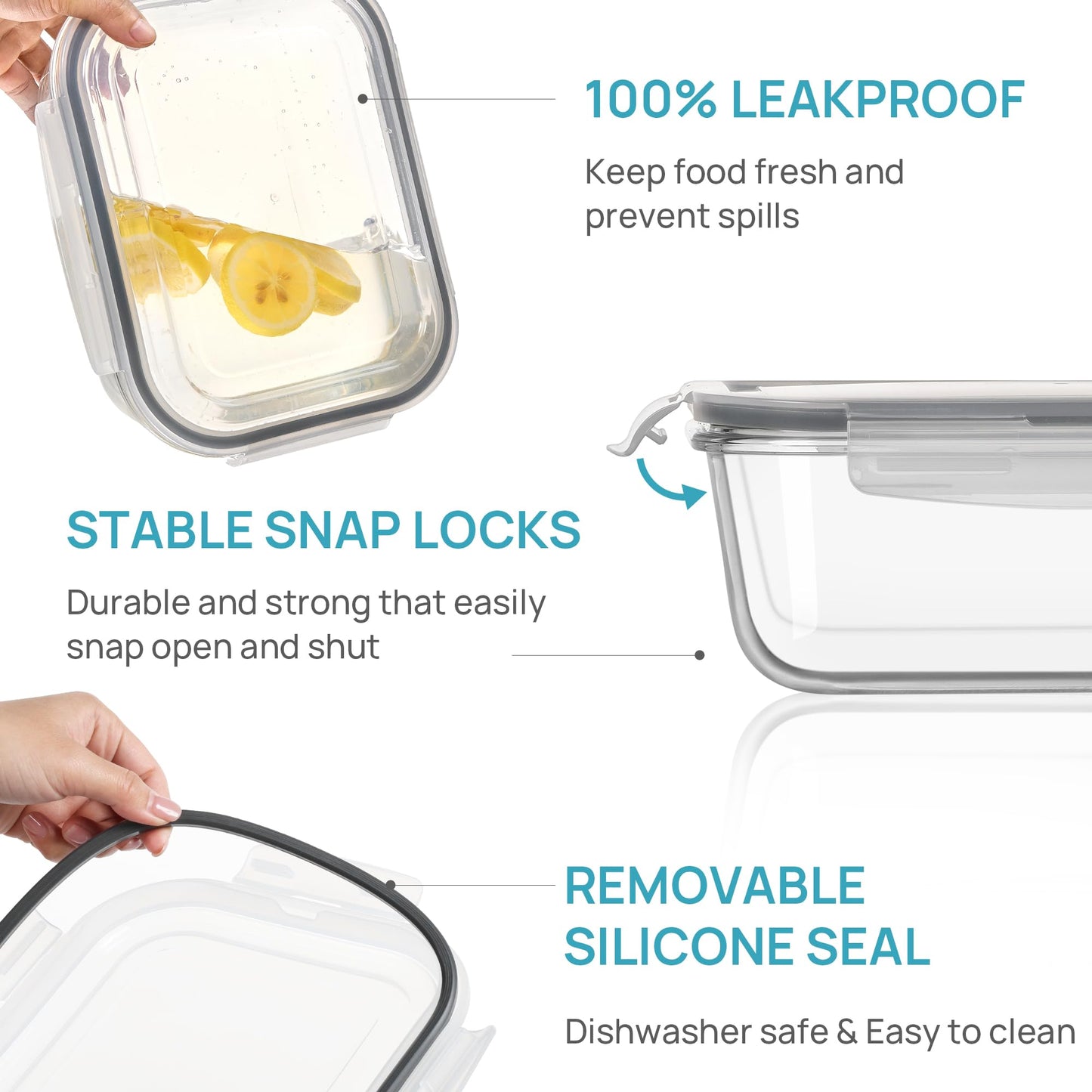 Vtopmart 2Pack 2260ml/ 76.4oz Large Glass Storage Containers with Lids, Meal Prep Food Container Set with Snap Airtight Lid for Baking, Microwave, Oven, Leak Proof, for Freezer, Dishwasher, Grey