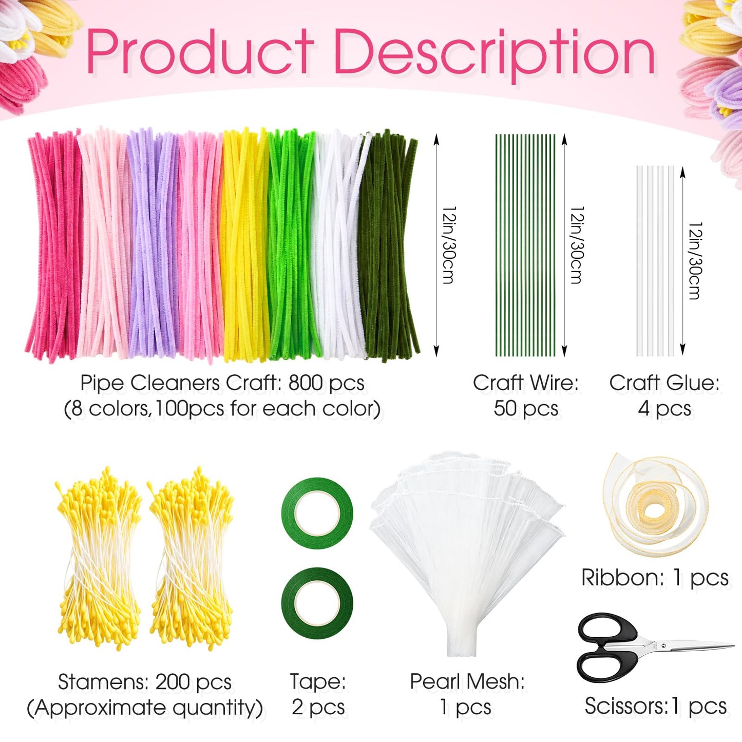 Chicplaid 800 Pcs Pipe Cleaners Craft, Pipe Cleaners Flowers Kit, 8 Colors Chenille Stems with Floral Wires, Gardening Tape, Stamen, Floral Wrapping Paper & Ribbon for DIY Craft Supplies
