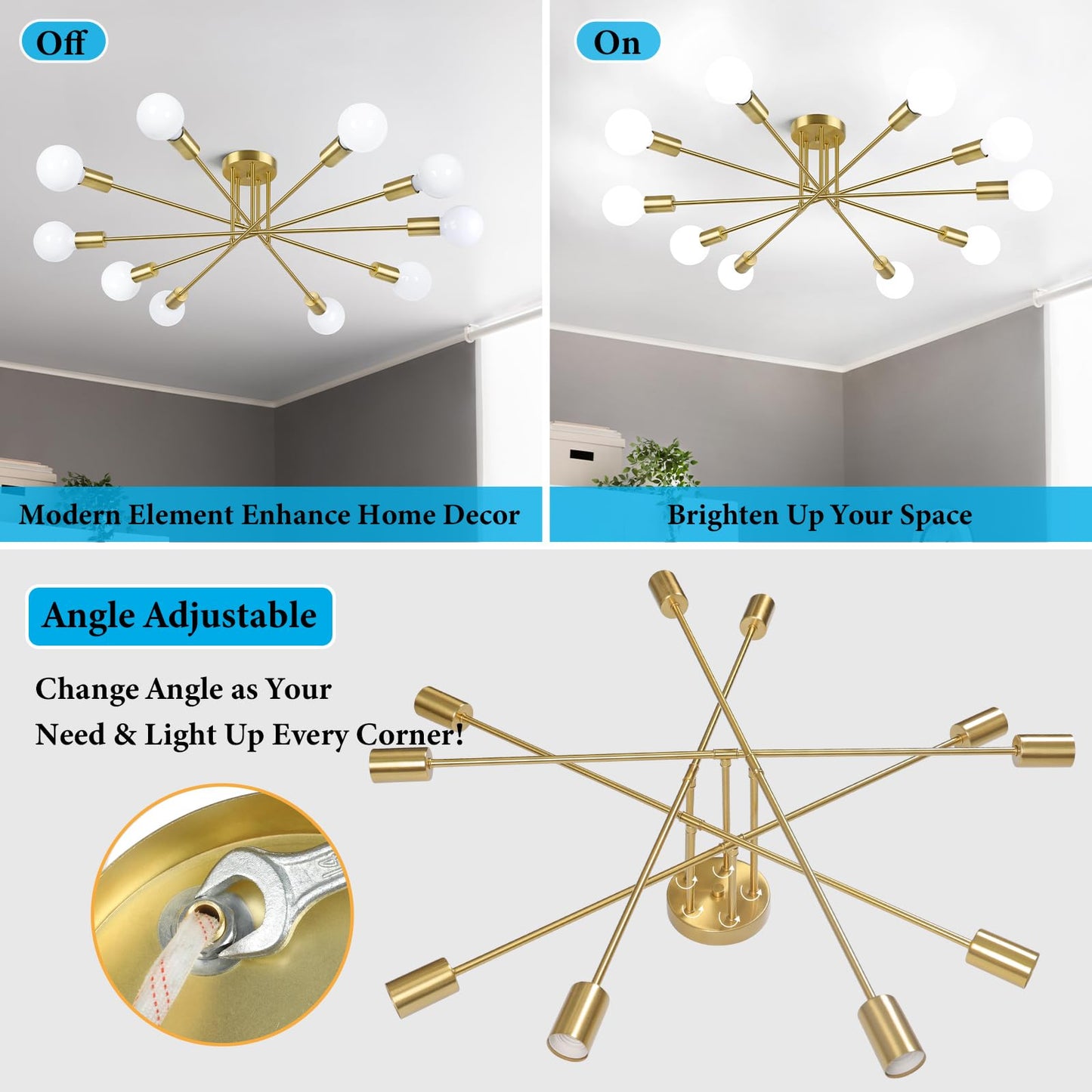 Semi Flush Mount Ceiling Light Fixture, 10-Light Modern Gold Sputnik Chandelier Industrial Ceiling Lamp for Kitchen Dining Room Living Room Bedroom Foyer