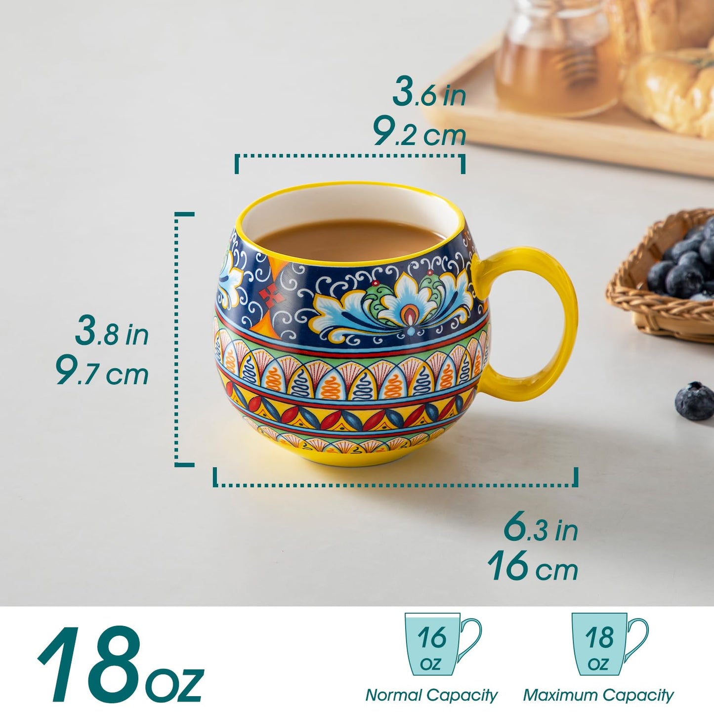 vancasso Coffee Mugs Set of 6, Coffee Cups Ceramic 16oz, Porcelain Coffee Mugs for Cappuccino, Latte, Espresso, Colorful Coffee Mugs with Handle, Rounded Boho Mugs, Microwave & Dishwasher Safe
