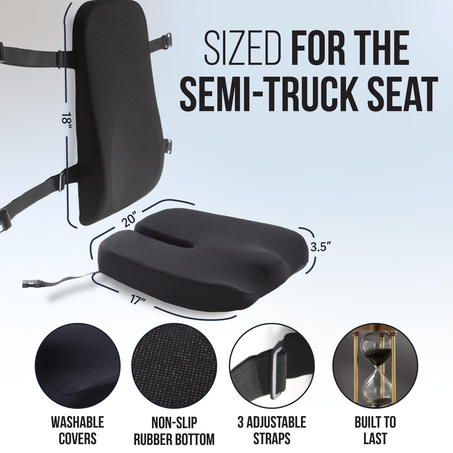 Elmara Doctor-Designed Semi-Truck Seat Cushion for Truck Driver – The Ultimate Comfort Solution for Long-Haul Drivers – Trucker Seat Cushion & Back Support – 2-Piece Ergonomic Set (Black)