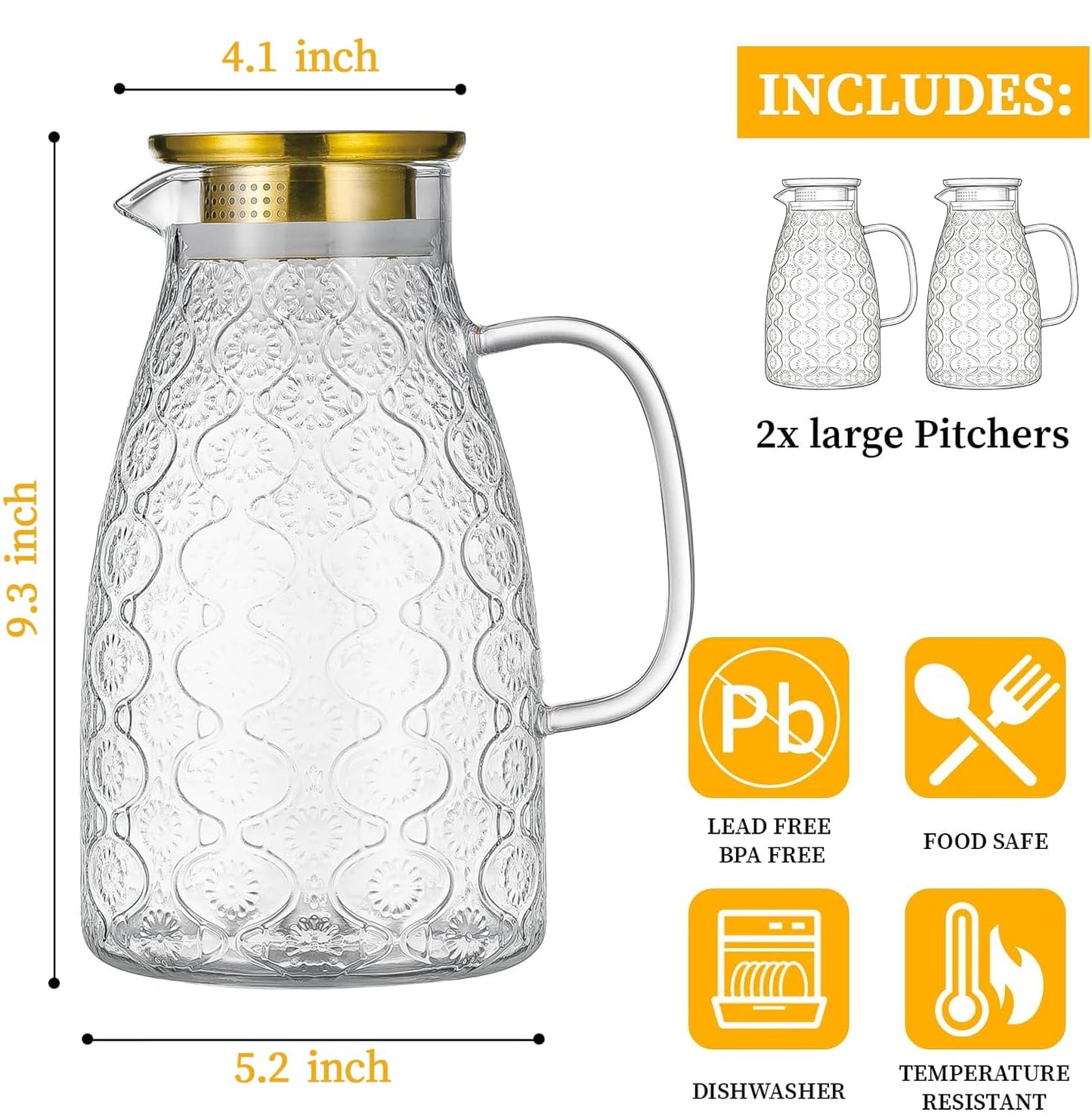 Buaic Glass Pitcher with Lid and Handle, 2 PACK 68 oz/2 Liter Vintage Flower Design Fridge Water Pitcher, Borosilicate Glass Water Carafe for Hot/Cold Water,Coffee,Iced Sun Tea,Heat Resistant