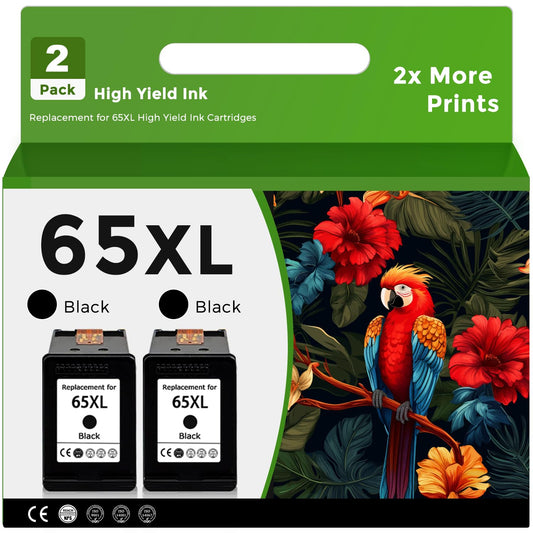 65XL Black Remanufactured Ink Cartridge Replacement for HP Ink 65 HP65 XL Black Combo Pack HP65XL for 5000 5055 5052 5014 5010 5070 3755 3700 3772 3752 2622 2652 2655 2600 2640 Printer,BK 2-Pack