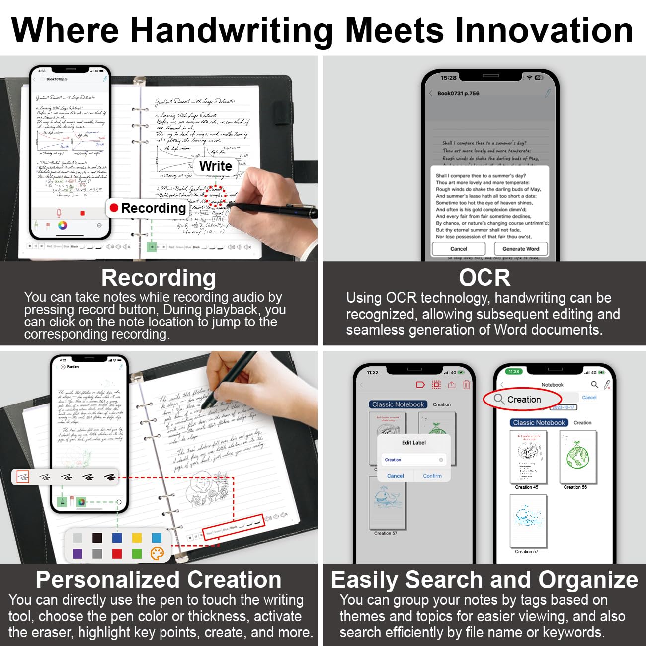 Ophayapen Smart Pen+Notebook+Writing Board, SmartPen Real-time Sync for Digitizing, Storing, and Sharing Paper Notes, Use with Ophaya Pro+ App，Compatible with Smartphone (Android and iOS)-Updated APP