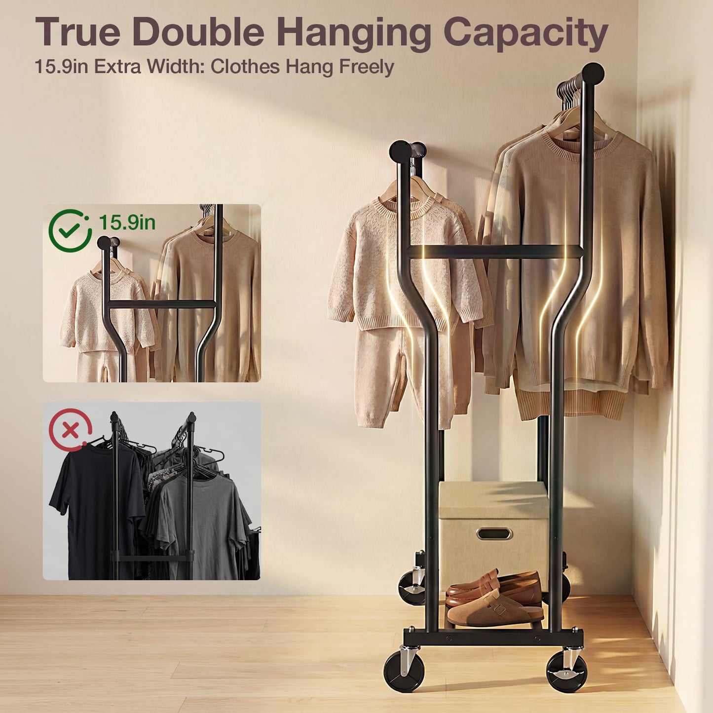 WATIOWL Clothes Rack, Double Rods Rolling Clothing Rack for Hanging Clothes Load 260 LBS Closet Rack with Wheels, Metal Portable Garment Rack for Bedroom Laundry Living Room, Black