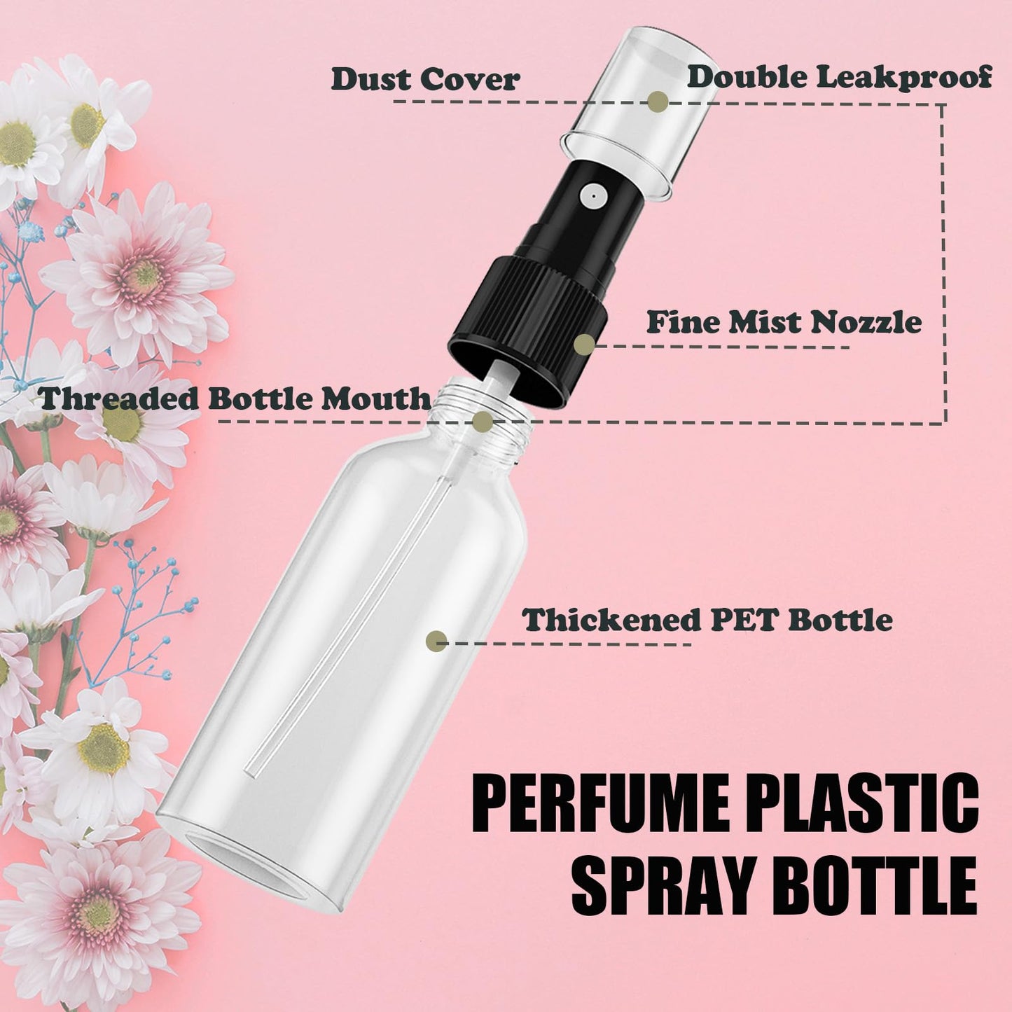 100Pack 2oz Spray Bottles Small, 60ml Travel Spray Bottle Black Fine Mist Sprayer, Empty Refillable Containers Portable Cosmetic Bulk Plastic Spray Bottles for Plants, Cleaning, Misting & Skin Care