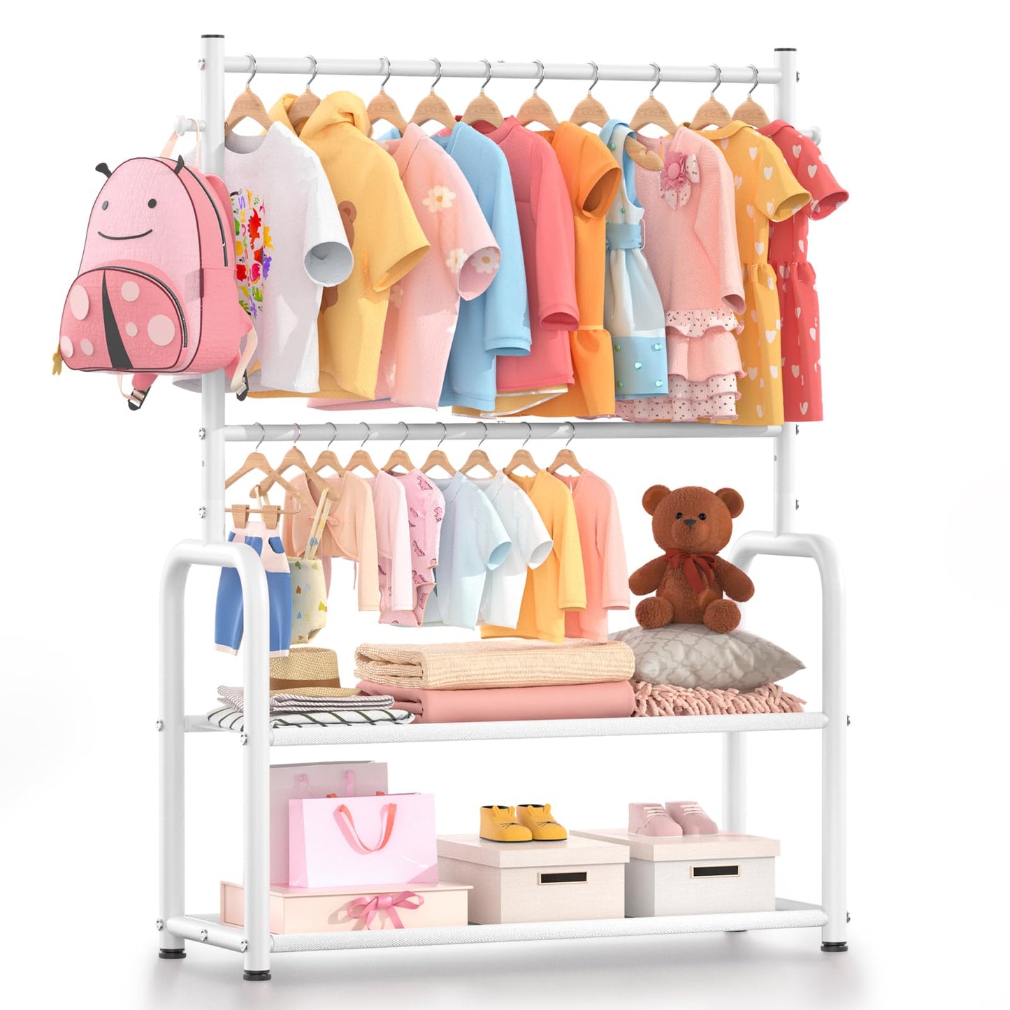 ZHKINGGS Kids Clothing Rack with 2-Layer Storage Shelf and 2 Adjustable Hanging Rods, Dress Up Rack for Hanging Clothes,Dress up Storage for Baby Toddle Kids(Classic, White)
