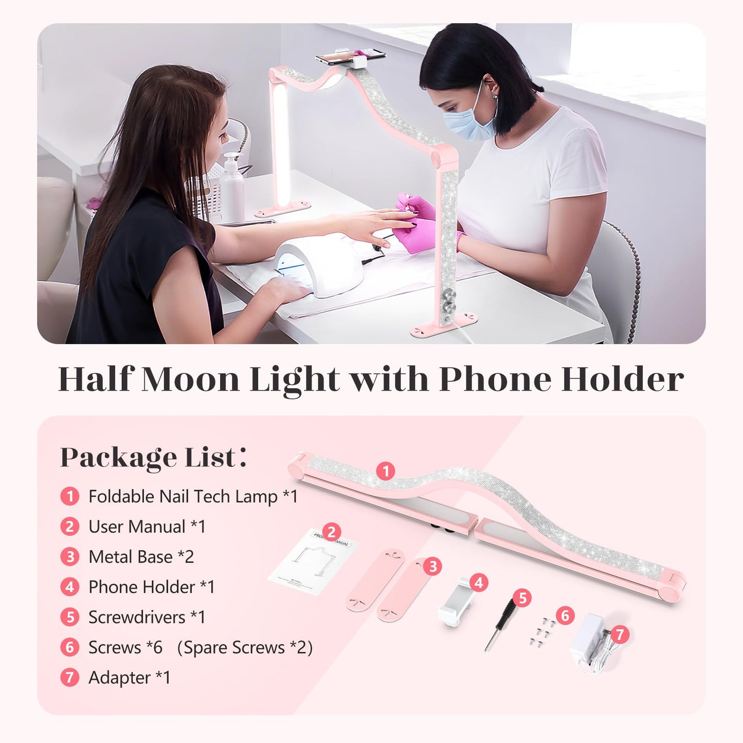 Yokilly Arc Half Moon Light: 34" Shadow-Free Half Moon Light for Desk Salon - Foldable LED Desk Lamp with Stepless Brightness for Manicurist (Pink)
