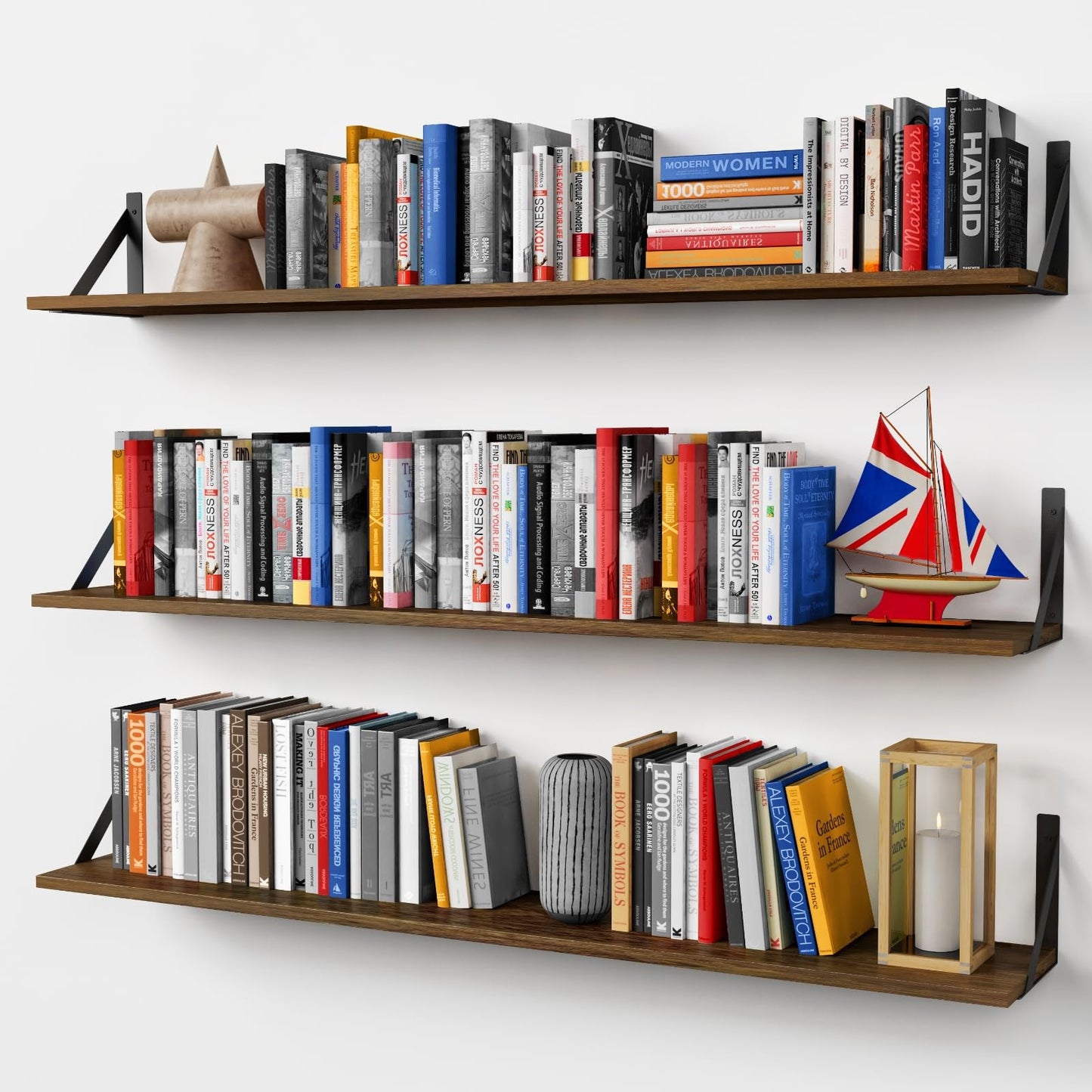 Forbena 48 Inch Floating Shelves for Wall Long Set of 3, Large Wooden Wall Bookshelf for Bedroom Books, Rustic Wood Hanging Bookshelves for Living Room Laundry Closet Kitchen Storage (Dark Brown)