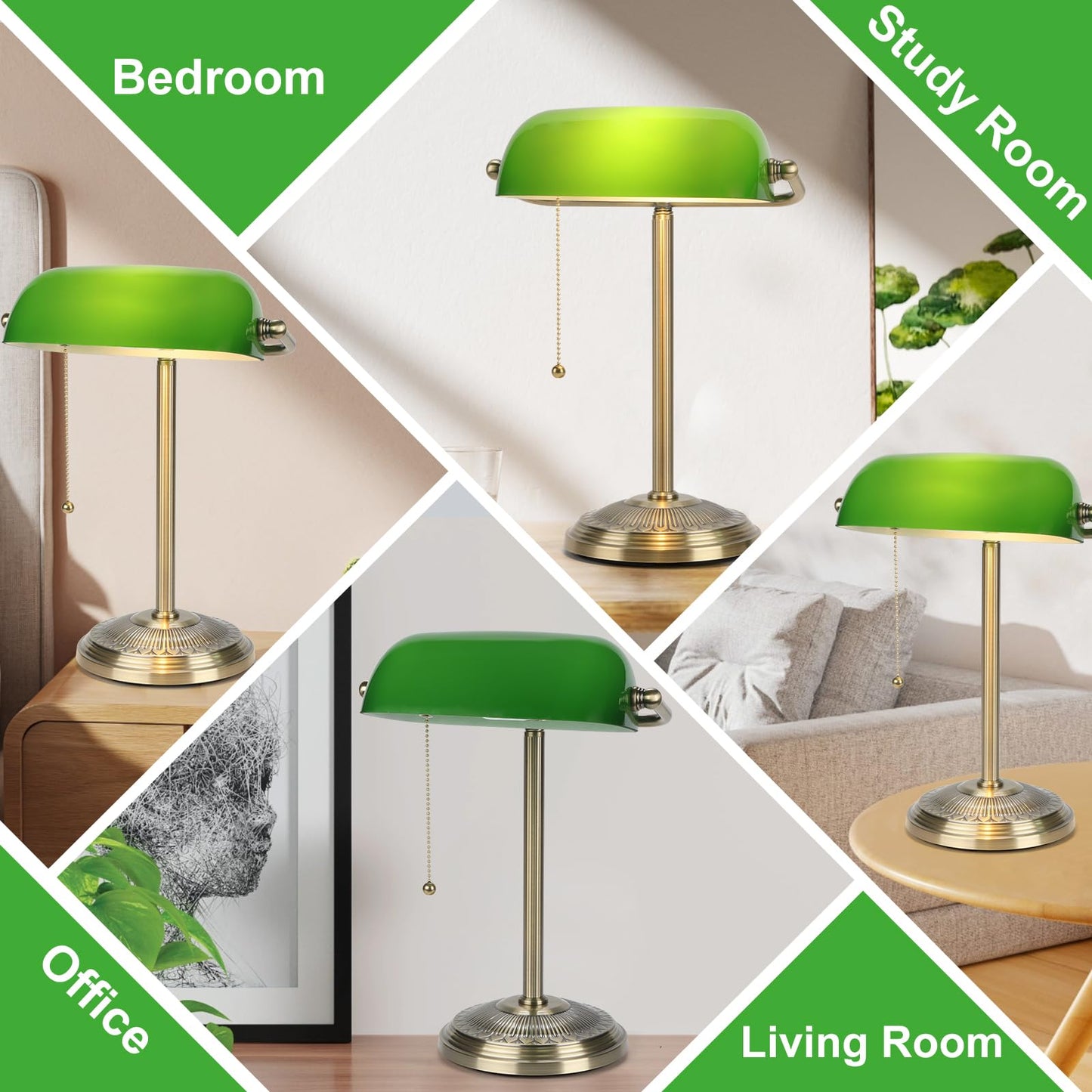 BNYFDC Bankers Lamp, Green Desk Lamp with Brass Finish, Classic Table Lamp with Pull Switch for Home, Office, Study (Green)