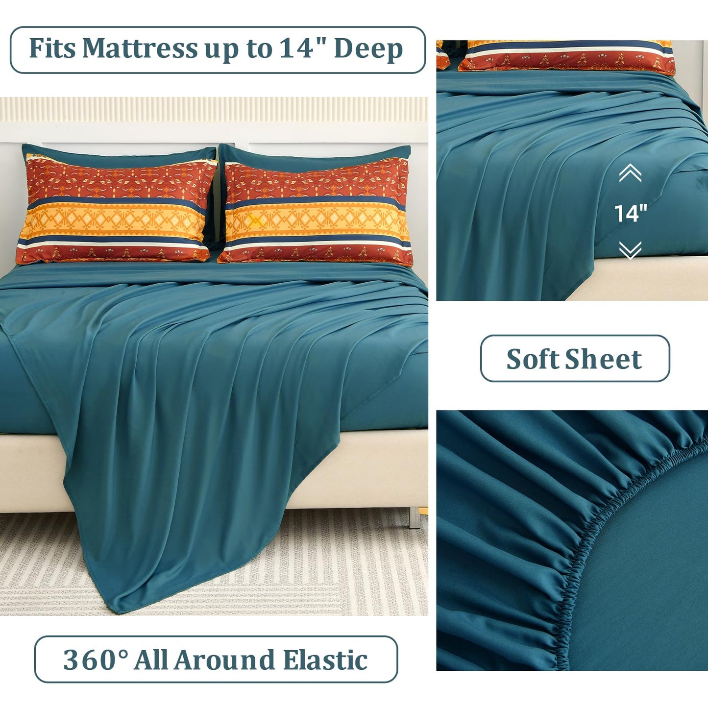 WONGS BEDDING Boho Comforter Set Queen Size,7 Pieces Bed in a Bag Bohemian Striped Bedding Set,Burnt Orange Paisley Floral Comfortet and Sheet Set,Soft Microfiber Bedding Sets for All Season
