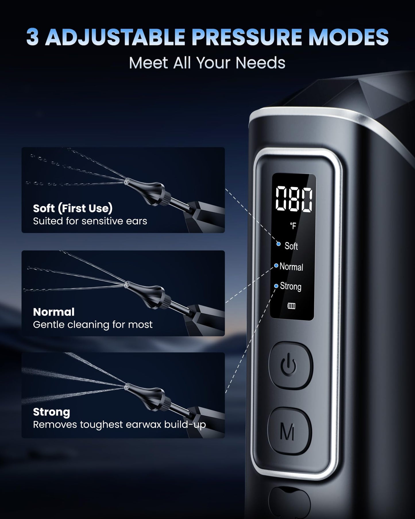 ONLYCARE Ear Wax Removal - 3 Pressure Modes LED Display Water Powered Ear Cleaner with 6 Reusable Replacement Tips - Rechargeable Ear Irrigation Flushing System Earwax Cleaning Tool