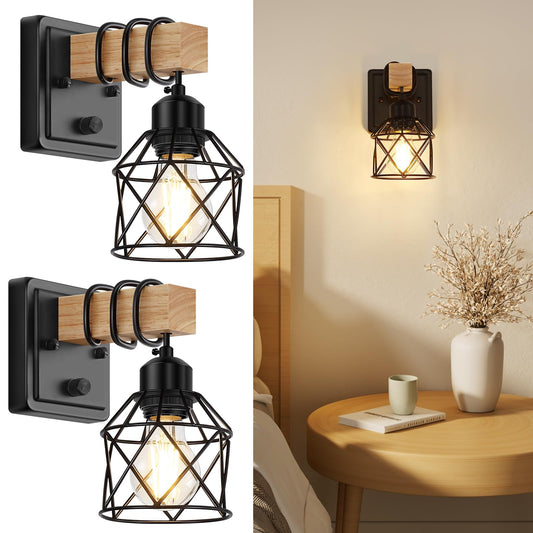 FadimiKoo Dimmable Wall Sconces Set of Two, Bedside Wall Mounted Lamp with Rotary Switch, Wooden Black Bathroom Light Fixtures with Metal Cage, Hardwired Farmhouse Wall Lights for Bedroom, Living Room