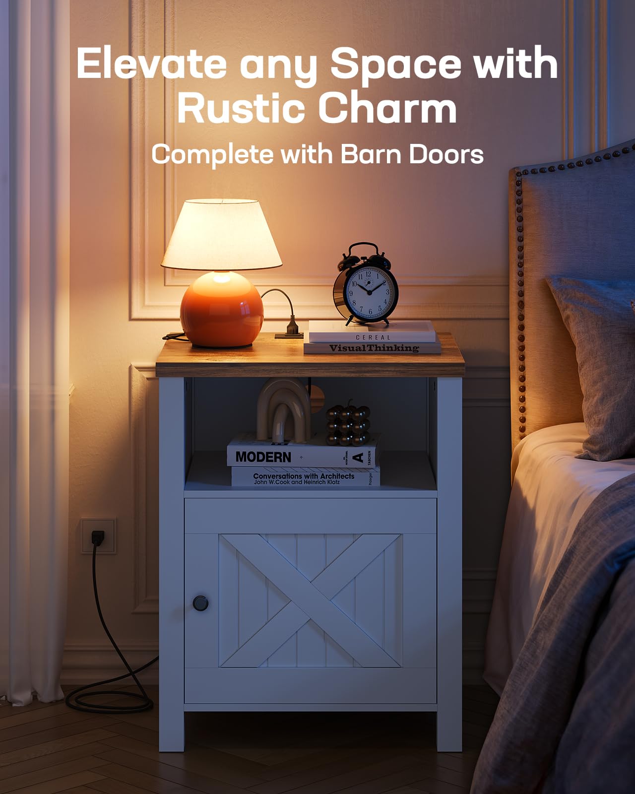 Marsail Farmhouse Nightstand, Wood Bedside Table with Charging Station, Night Stand with Shelf and Doors, End Table with Storage Side Table for Bedroom, White & Brown (1 Pack)