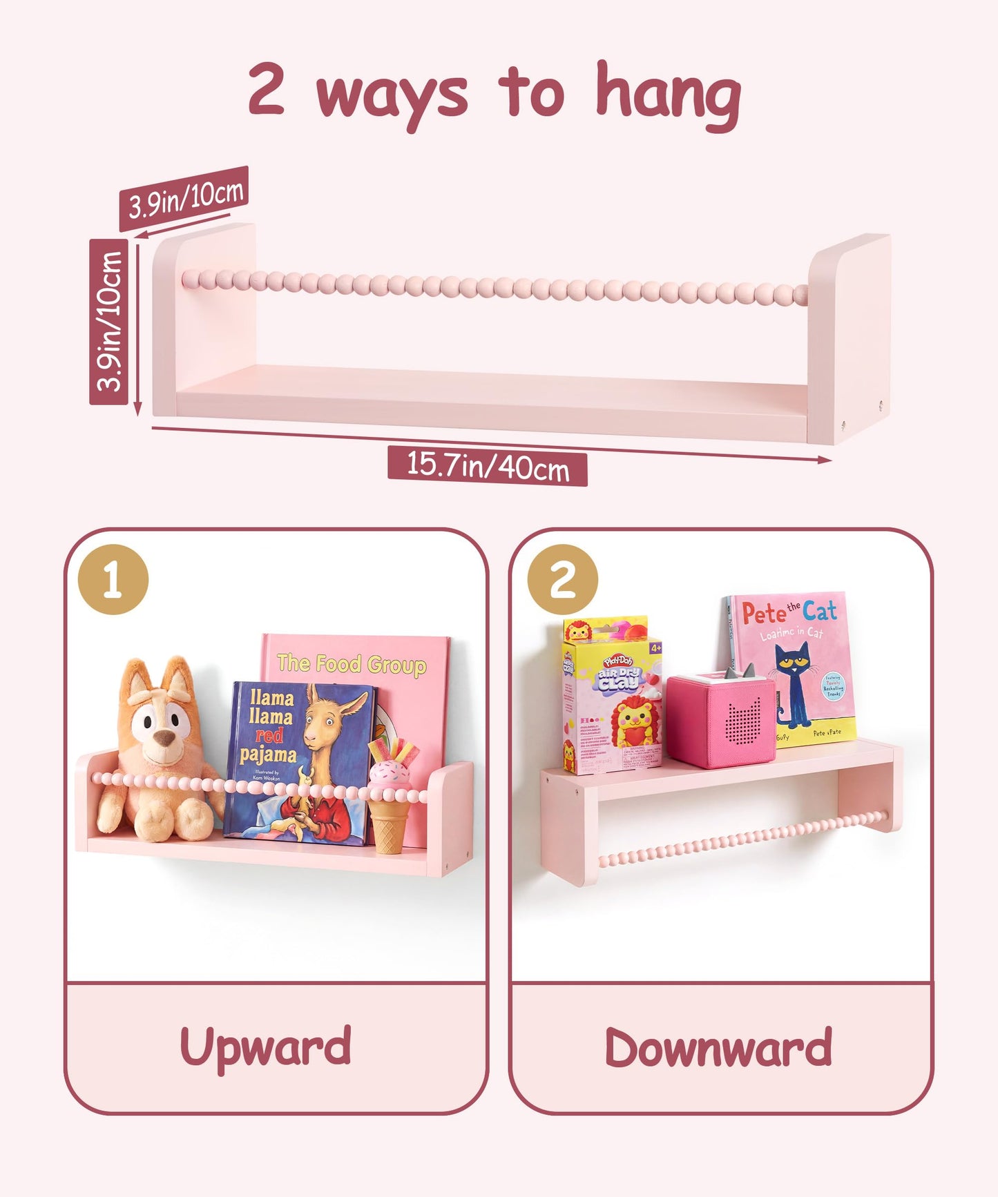 Mazjoaru Nursery Book Shelves for Wall Set of 3, Pink Natural Wood Bookshelf Wall Decor, Small Floating Shelf Organizer for Kids Room, Bedroom, Kitchen Spice Rack