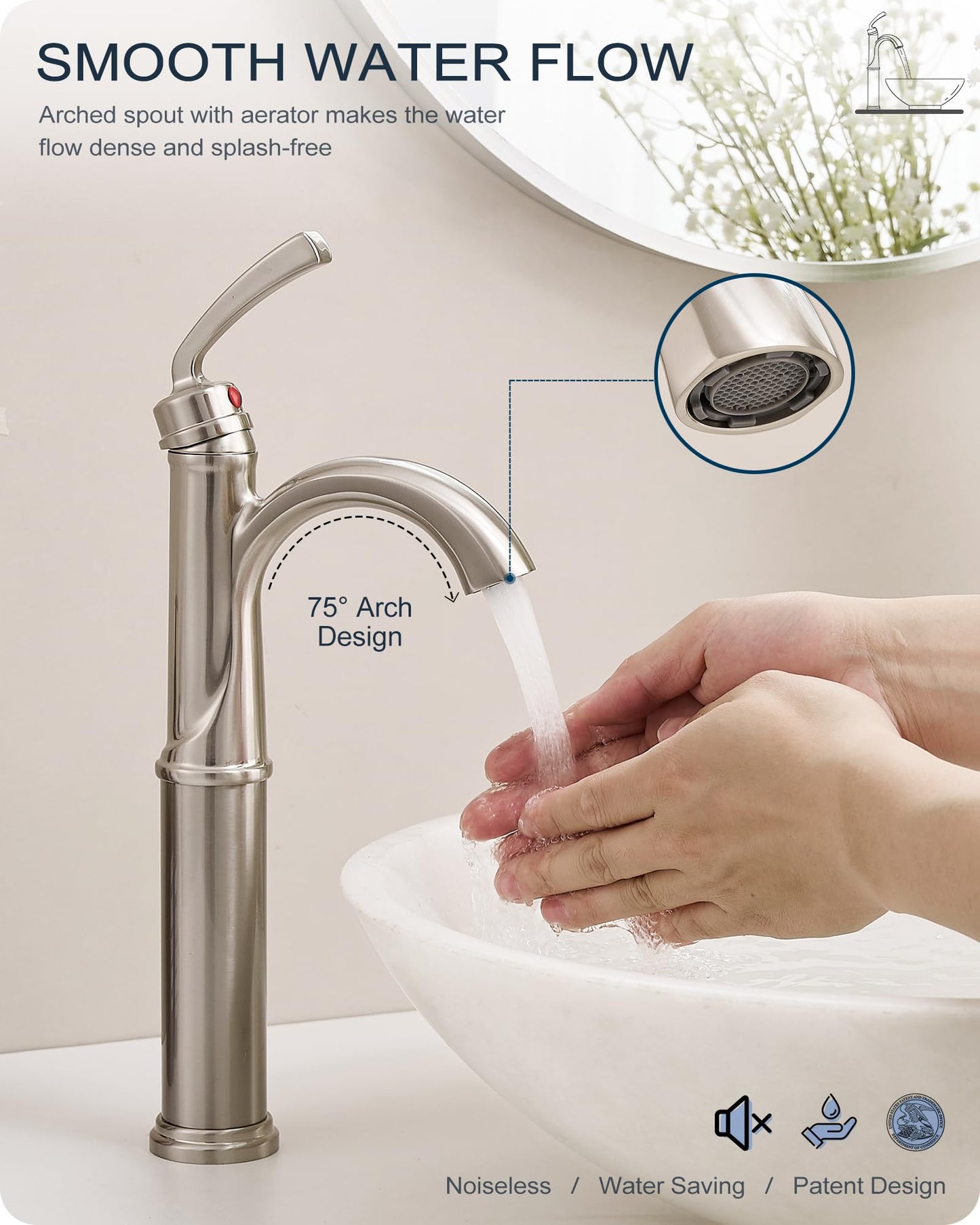 HOIGY Brass Vessel Faucet Brushed Nickel, 1 Hole Tall Faucet for Bathroom Sink with Single Handle, Pop Up Drain & cUPC Water Hoses, Classic Aerator Style for Vessel Sink, 5 Mins Quick Installation