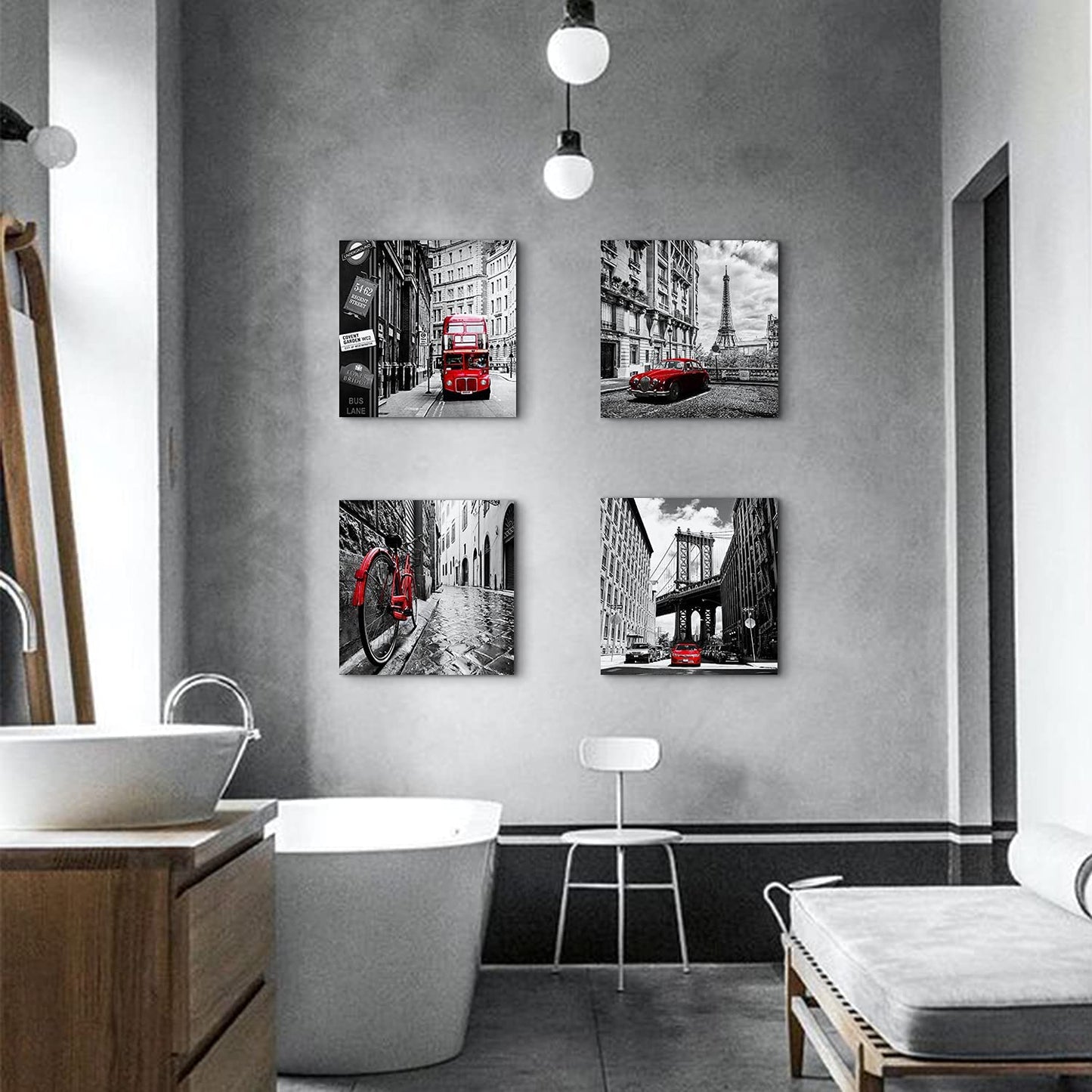 Black and White Canvas Wall Art Bedroom Decor Red City Landscape Pictures Prints Modern Artwork for Living Room Paris New York London Rome Contemporary Painting Kitchen Office Home Decorations 20x20"
