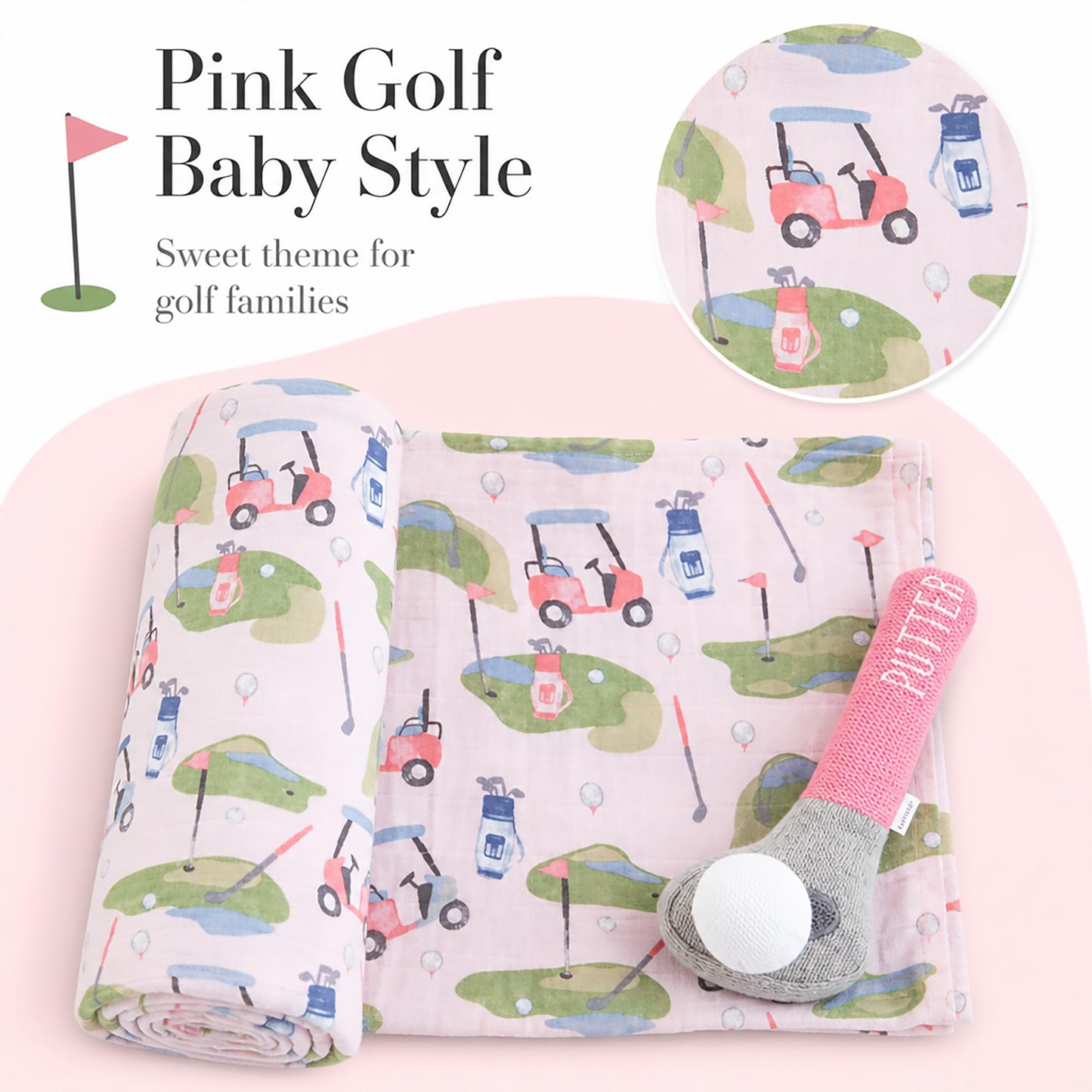 Mud Pie Pink Golf Swaddle and Rattle
