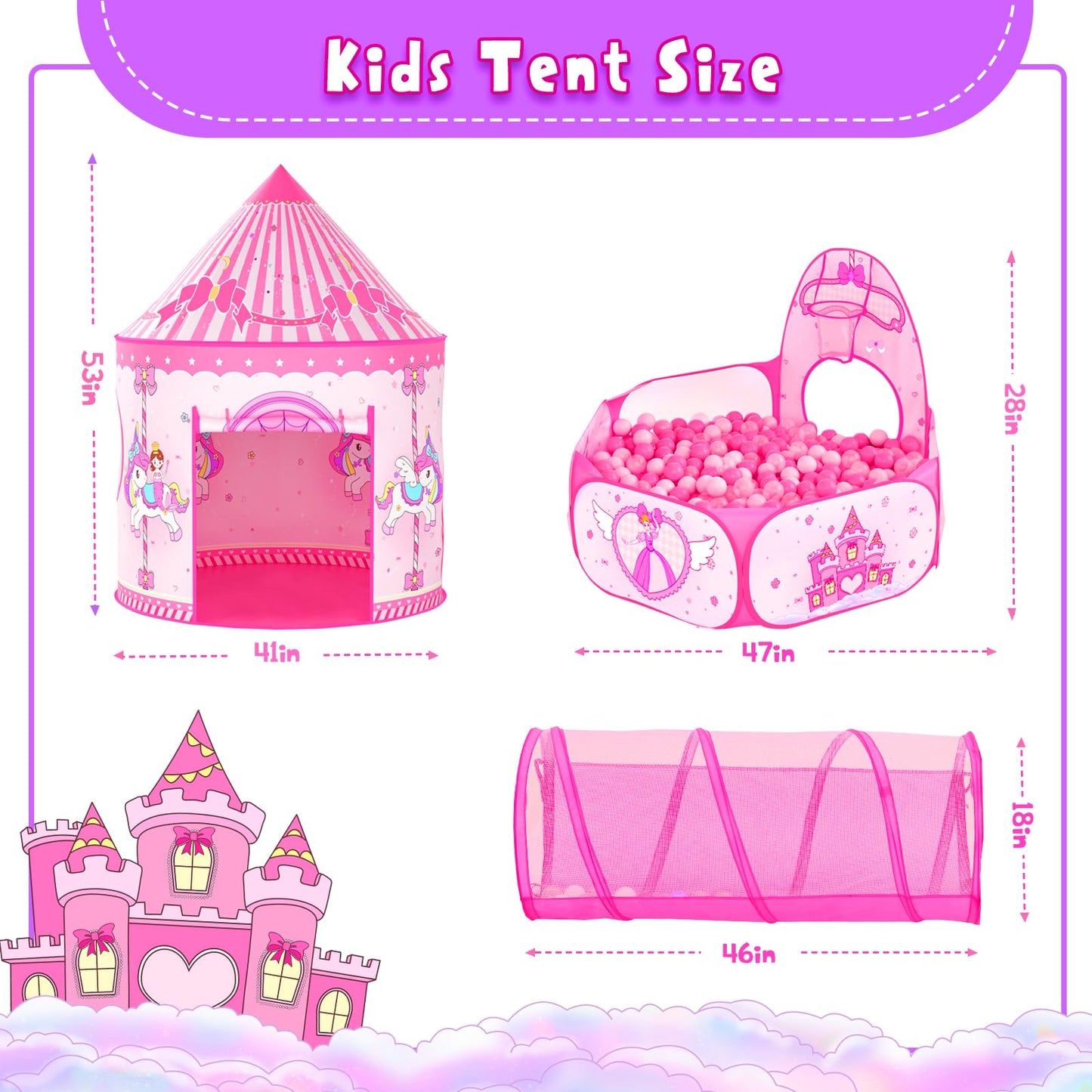 3 in 1 Girls Princess Play Tent for Kids: Pop Up Toddlers Playhouse with Baby Crawl Tunnel, Ball Pit and Castle Tent - Pink Children Play Tent Toys Indoor and Outdoor Game for Birthday Gift