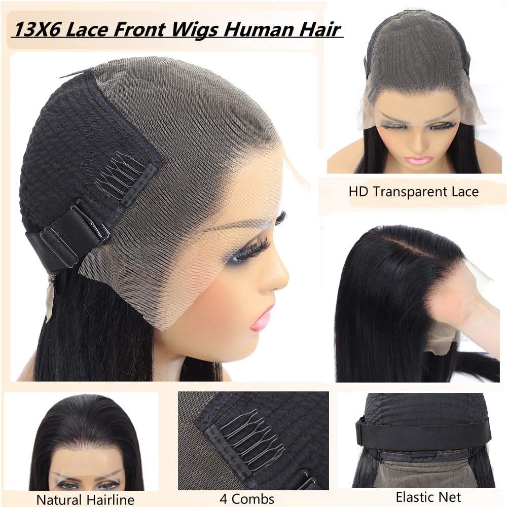 13x6 Lace Front Wigs Human Hair 250% Density Straight HD Transparent Lace Front Human Hair Wigs for Women 13x6 Straight Wigs Brazilian Wigs Human Hair Natural Color(straight wigs, 28 Inch)