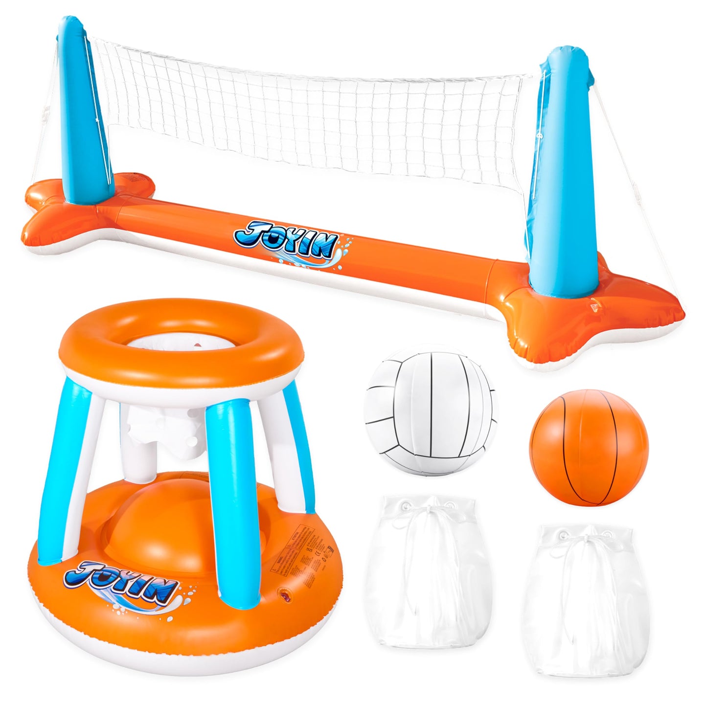 JOYIN Inflatable Pool Float Set Volleyball Net & Basketball Hoops; Balls Included for Kids and Adults Swimming Game Toy, Floating, Summer Floaties