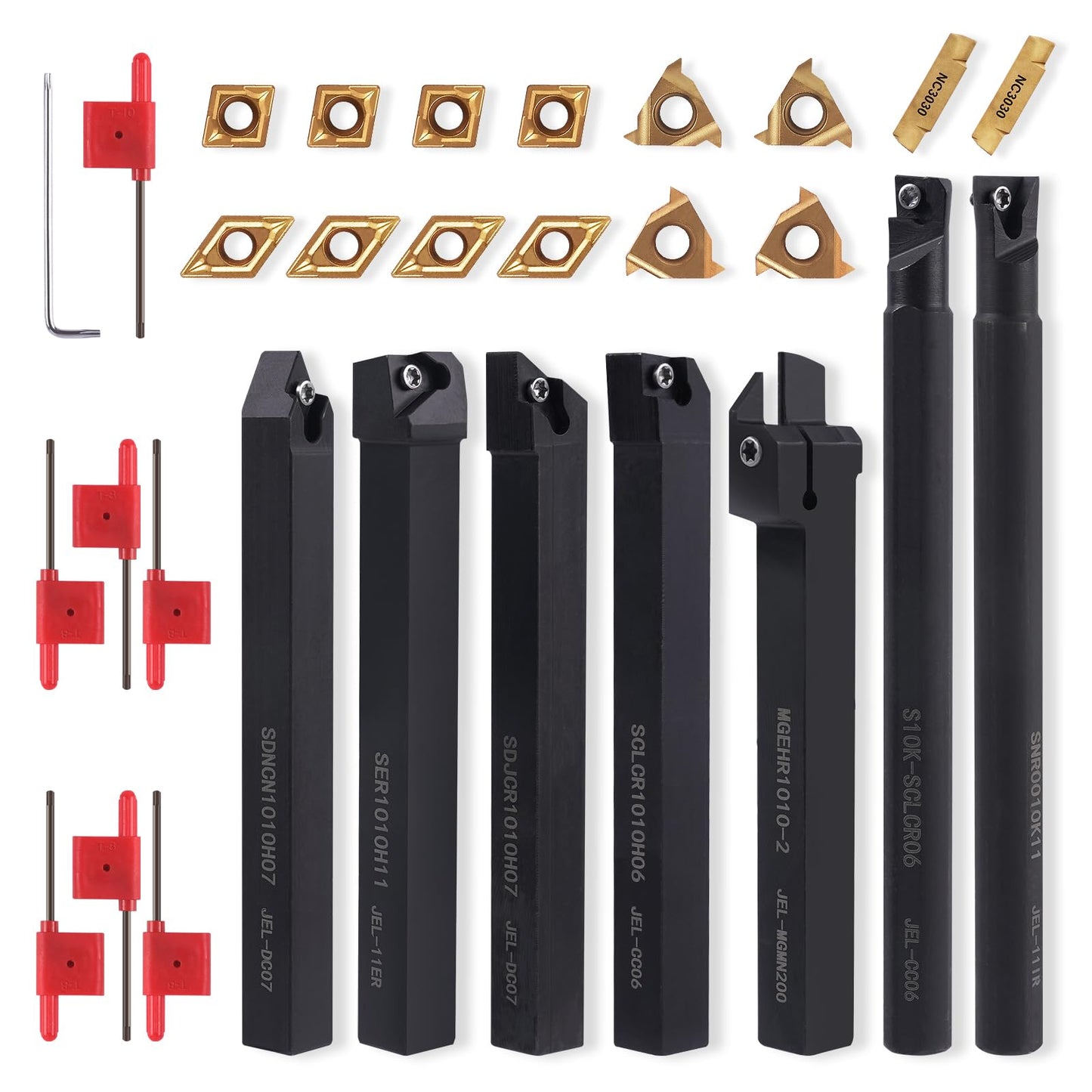 Gluwoer Indexable Lathe Turning Tool 3/8" 10mm Shank 21PCS Kit-7PCS Metal Lathe Tools Holder 14PCS Carbide Insert for Turning Boring Grooving Cutting Threading