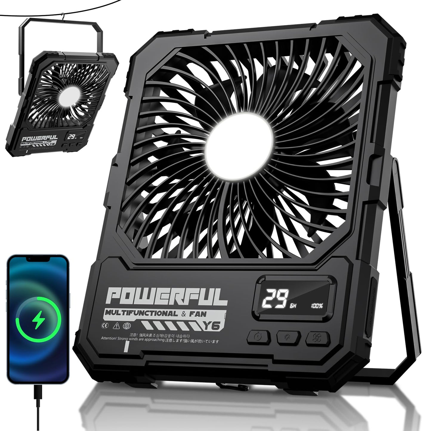 TYJONX 20000mAh Rechargeable Battery Powered Fan, Up to 85H Runtime Rechargeable Fan with LED Light, Ultra-thin Portable Camping Fan for Home, Outdoor, Tent, Travel,Cruise Ship Essentials