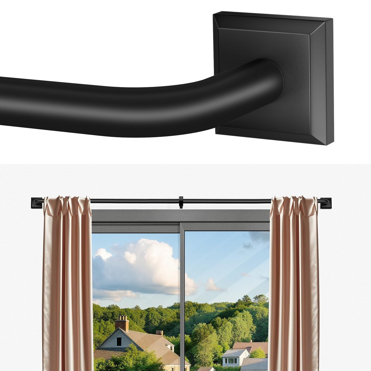 Black Curtain Rods for Windows 66-152Inch(5.5-12.7ft) Heavy Duty Wrap Around Blackout Curtain Rods, Extra Long Adjustable Room Darkening Drapery Rod for Bedroom, Living Room & Outdoor Patio