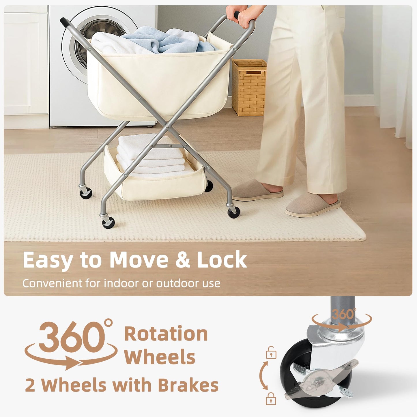 STORAGE MANIAC Collapsible Laundry Cart with Wheels 31.5"H Rolling Laundry Hamper Clothes Basket with Wheels, Canvas Liner Sturdy Steel Frame Folding for Small Narrow Space Easy Storage, Beige