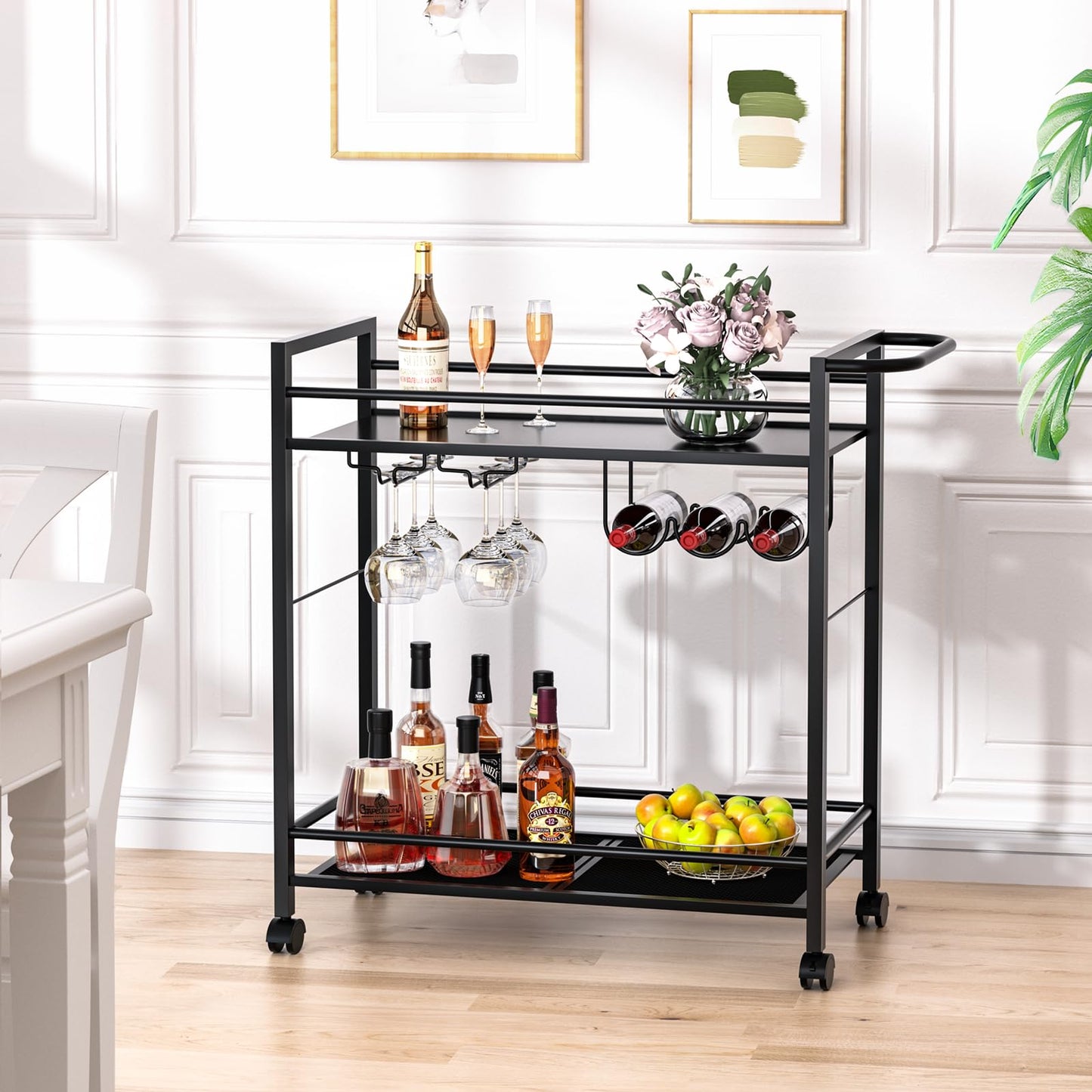 Joaxswe Bar Cart,Home Bar Serving Cart with Storage Shelves, 2 Tier Rolling Beverage Cart with Wheels, Modern Wine Cart with Wine Rack and Glass Holder for Kitchen, Living Room,Dinning Room,Black